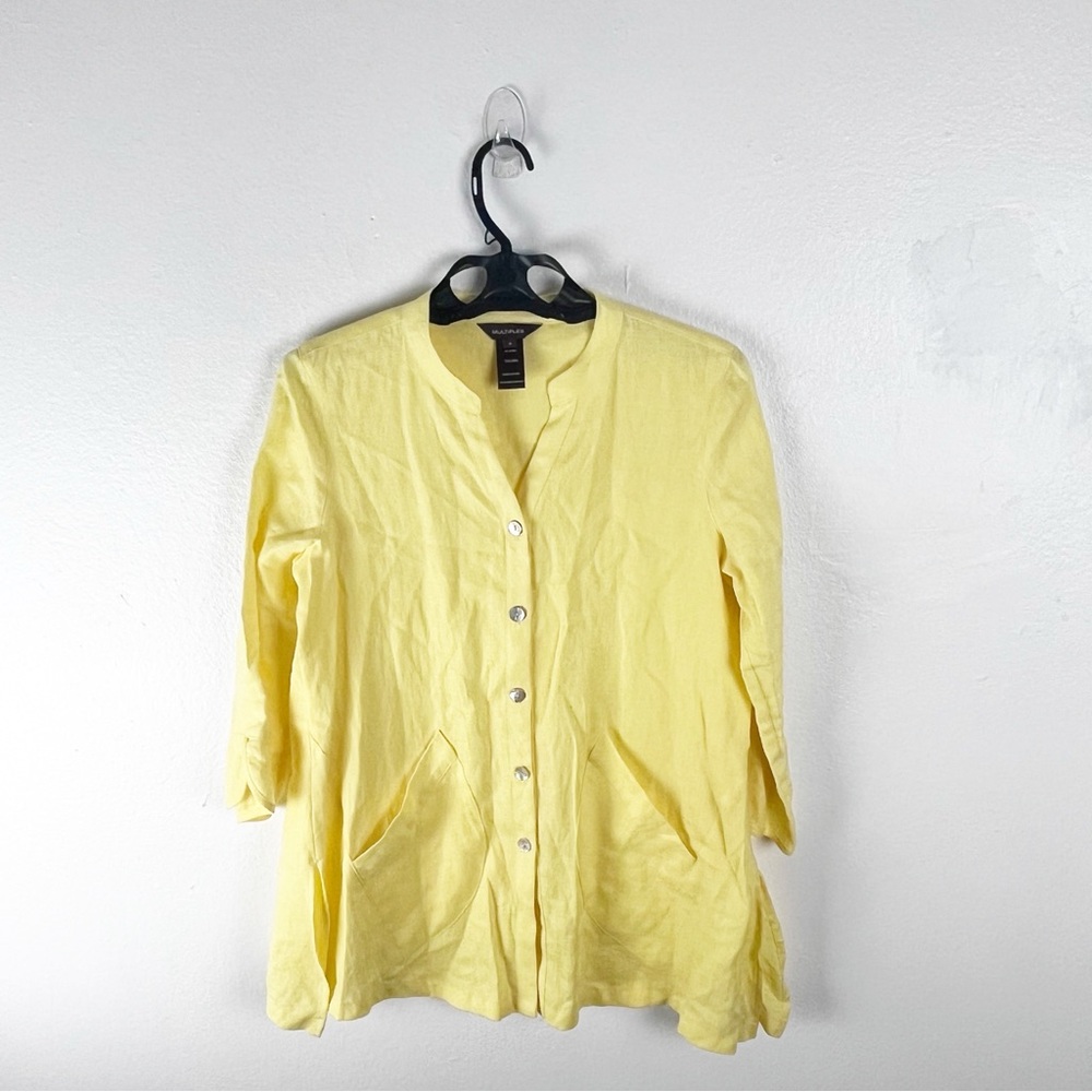 MULTIPLES 100% Linen Yellow Button Front Pockets 2-4 Sleeves Tunic Top Small